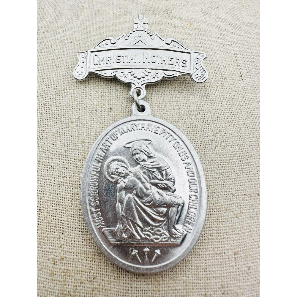 Vintage Christian Mothers St Joseph & Pieta Jesus Mary Aluminum Medal Pin